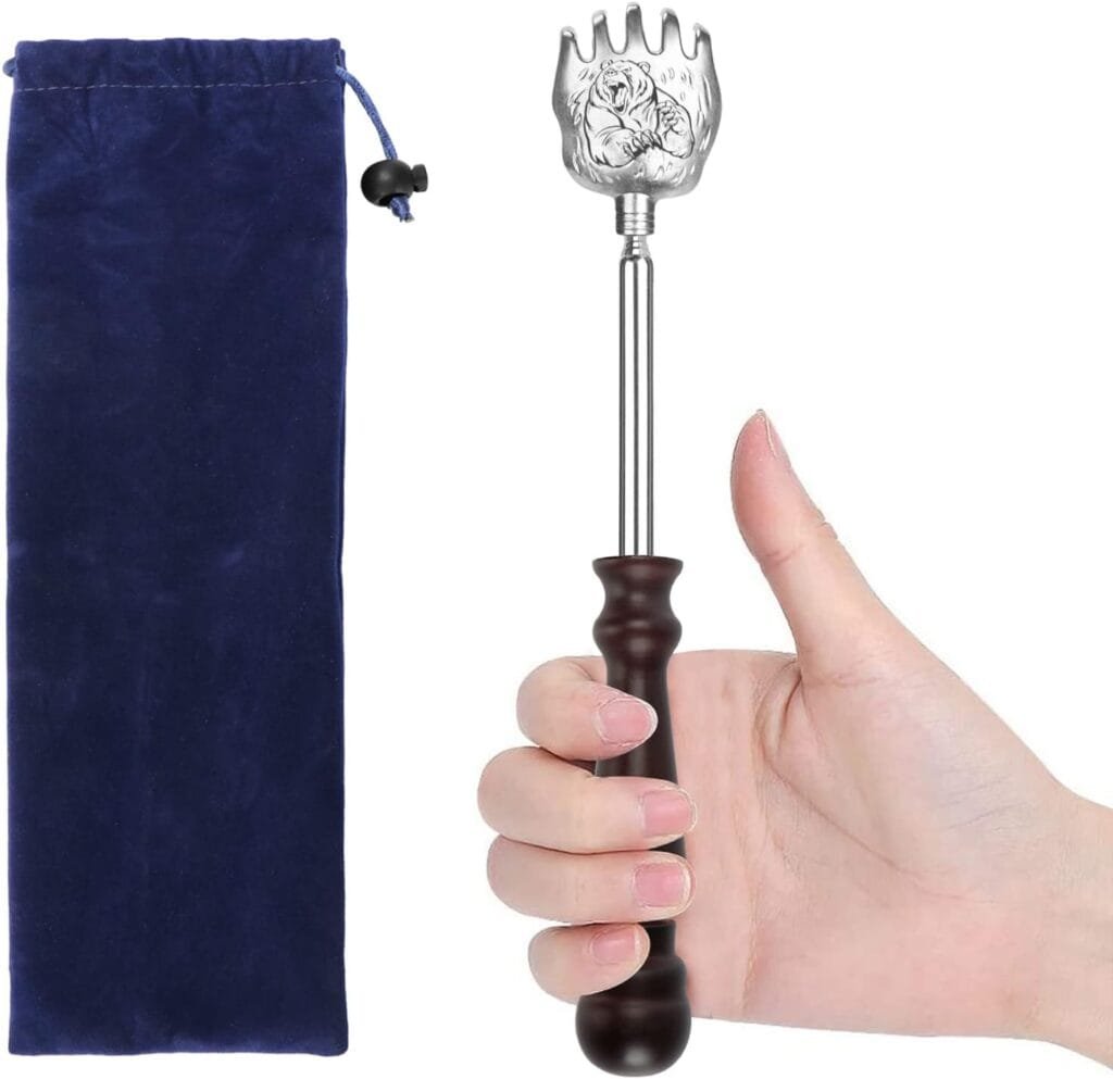 Bear Claw Back Scratcher with Wooden Handle - Portable Metal Stainless Steel Telescoping Massage Tool - Gift/Stocking Stuffers for Men Women