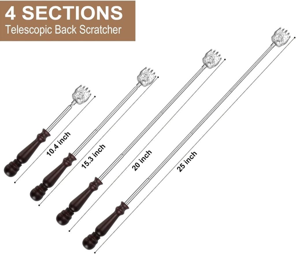 Bear Claw Back Scratcher with Wooden Handle - Portable Metal Stainless Steel Telescoping Massage Tool - Gift/Stocking Stuffers for Men Women