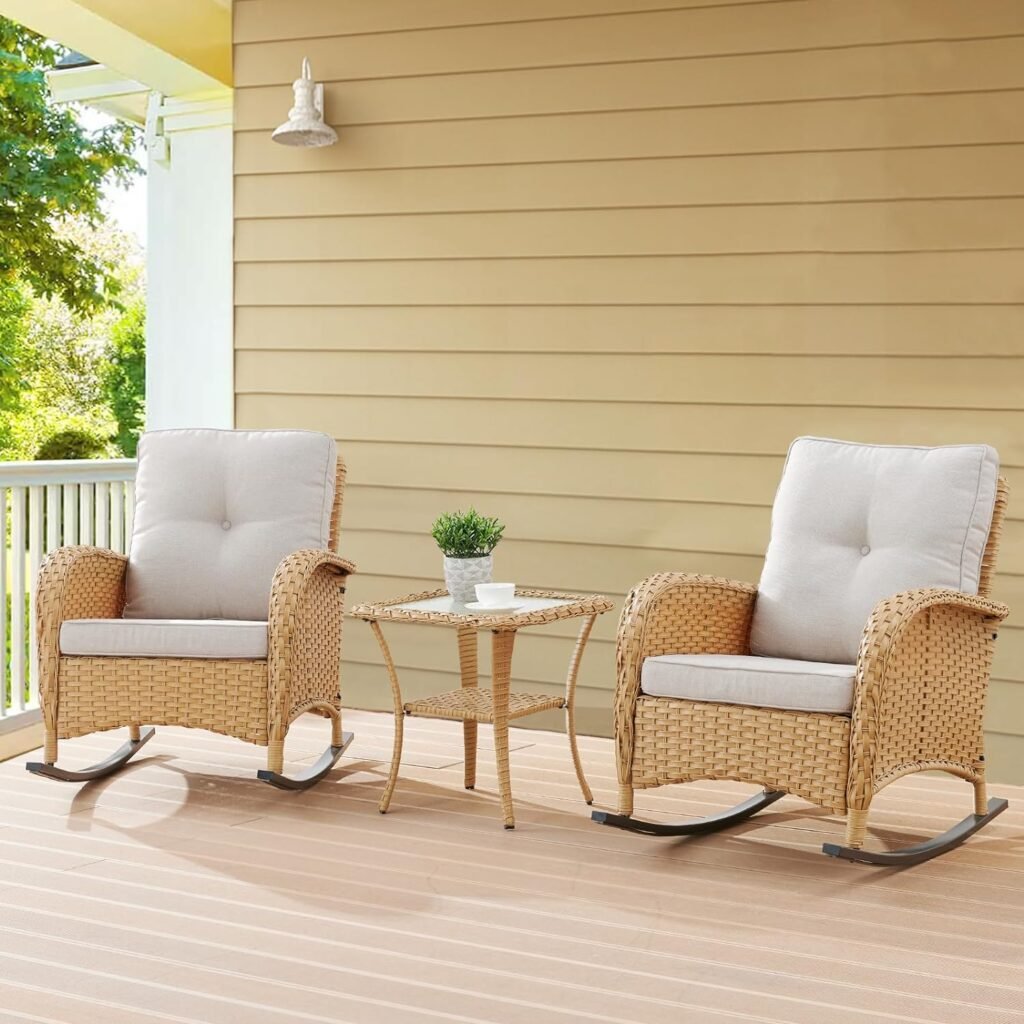 Belord Outdoor Rocking Chairs Set of 2, Wicker Rocker Rocking Chairs for Porch, 3 Pieces Patio Furniture Sets Rocking Bistro Set with Cushions and Side Table