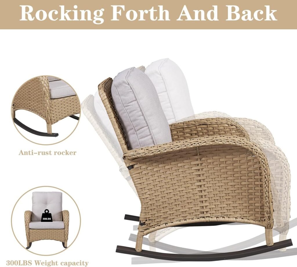 Belord Outdoor Rocking Chairs Set of 2, Wicker Rocker Rocking Chairs for Porch, 3 Pieces Patio Furniture Sets Rocking Bistro Set with Cushions and Side Table