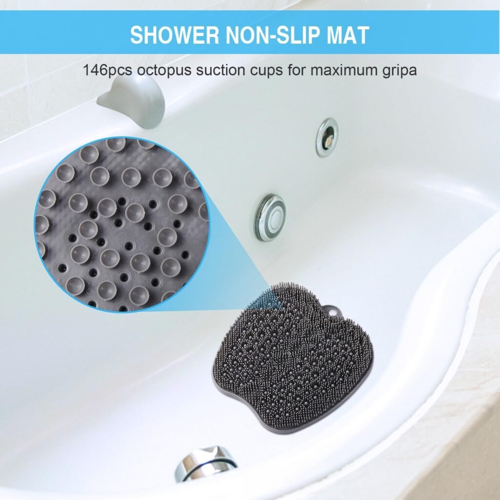 BESKAR Larger Shower Foot Scrubber Mat with Non-Slip Suction Cups- Cleans, Smooths, Exfoliates  Massages your Feet Without Bending, Improve Foot Circulation  Soothes Tired Feet- Black