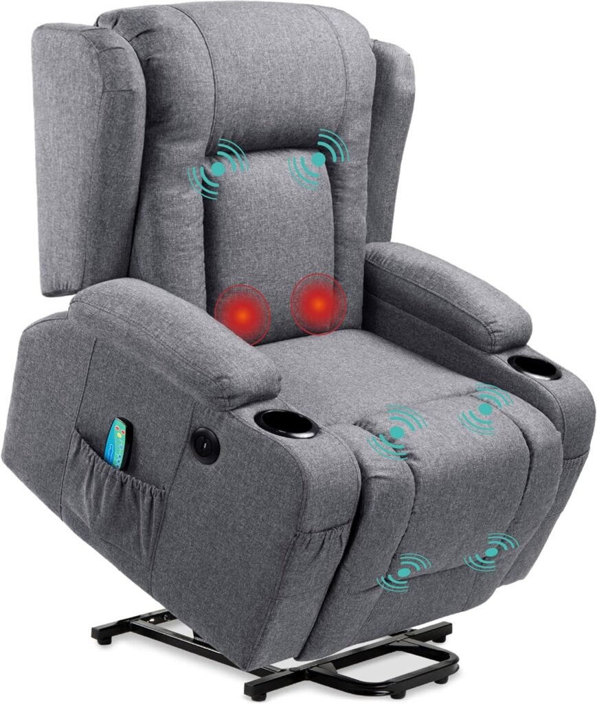 Best Choice Products Electric Power Lift Linen Recliner Massage Chair, Adjustable Furniture for Back, Lumbar, Legs w/ 3 Positions, USB Port, Heat, Cupholders, Easy-to-Reach Side Button - Gray