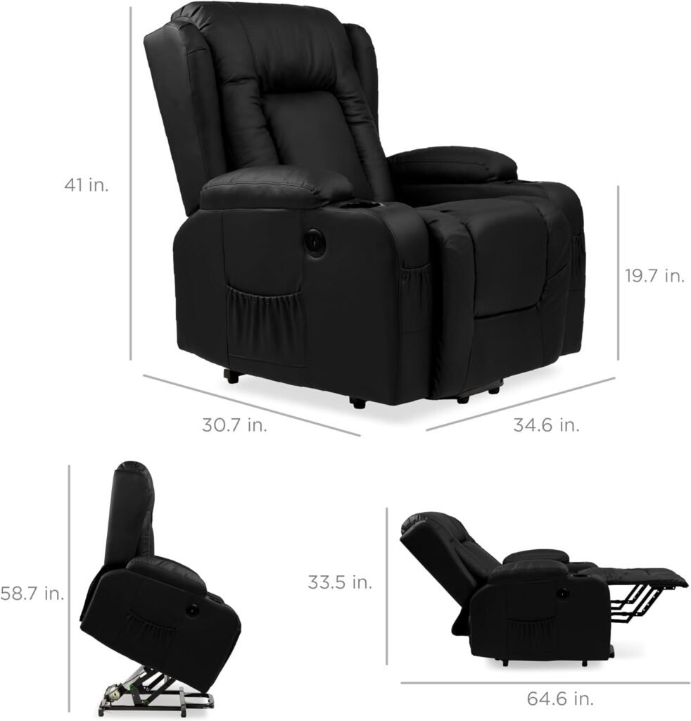 Best Choice Products Electric Power Lift Recliner Massage Chair, Adjustable Furniture for Back, Lumbar, Legs w/ 3 Positions, USB Port, Heat, Cupholders, Easy-to-Reach Side Button - Black