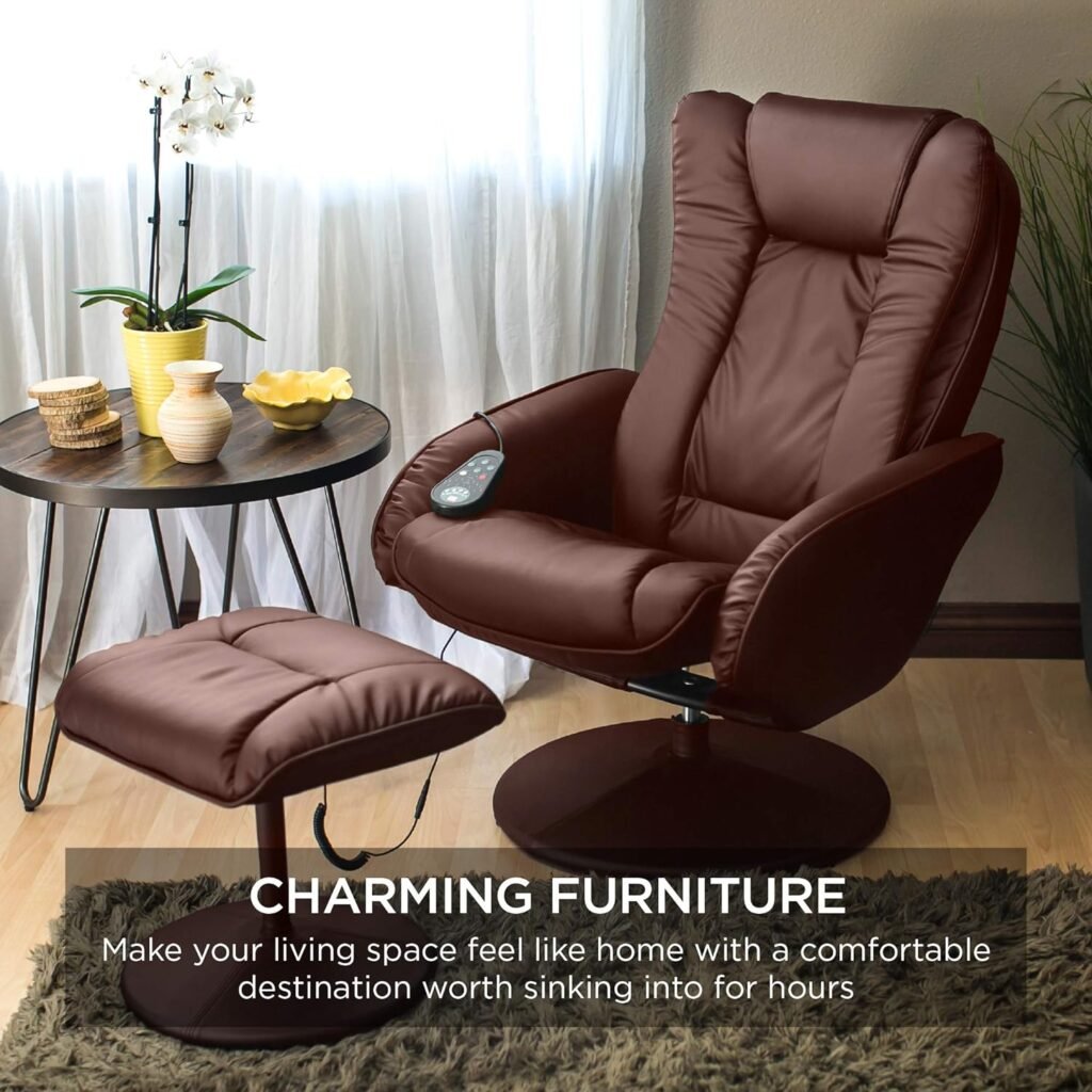 Best Choice Products Faux Leather Electric Massage Recliner Chair for Living Room, Bedroom, Office Comfort w/Stool Footrest Ottoman, Remote Control, 5 Heat  Massage Modes, Side Pockets - Brown