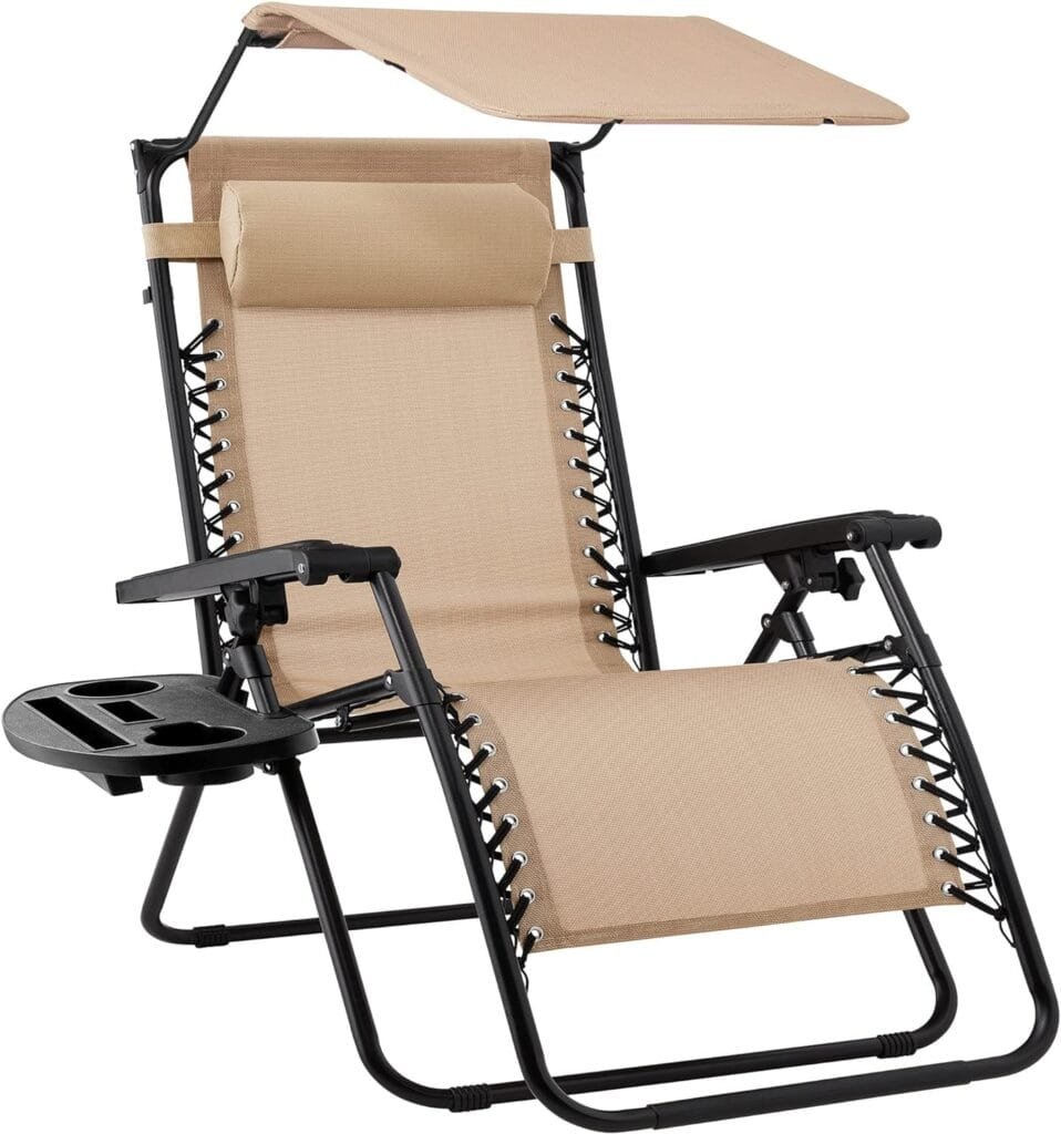 Best Choice Products Folding Zero Gravity Outdoor Recliner Patio Lounge Chair w/Adjustable Canopy Shade, Headrest, Side Accessory Tray, Textilene Mesh - Beige