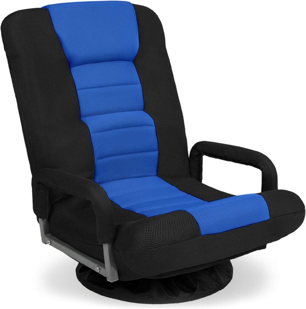 Best Choice Products Swivel Gaming Chair 360 Degree Multipurpose Floor Chair Rocker for TV, Reading, Playing Video Games w/Lumbar Support, Armrest Handles, Adjustable Foldable Backrest - Black/Blue