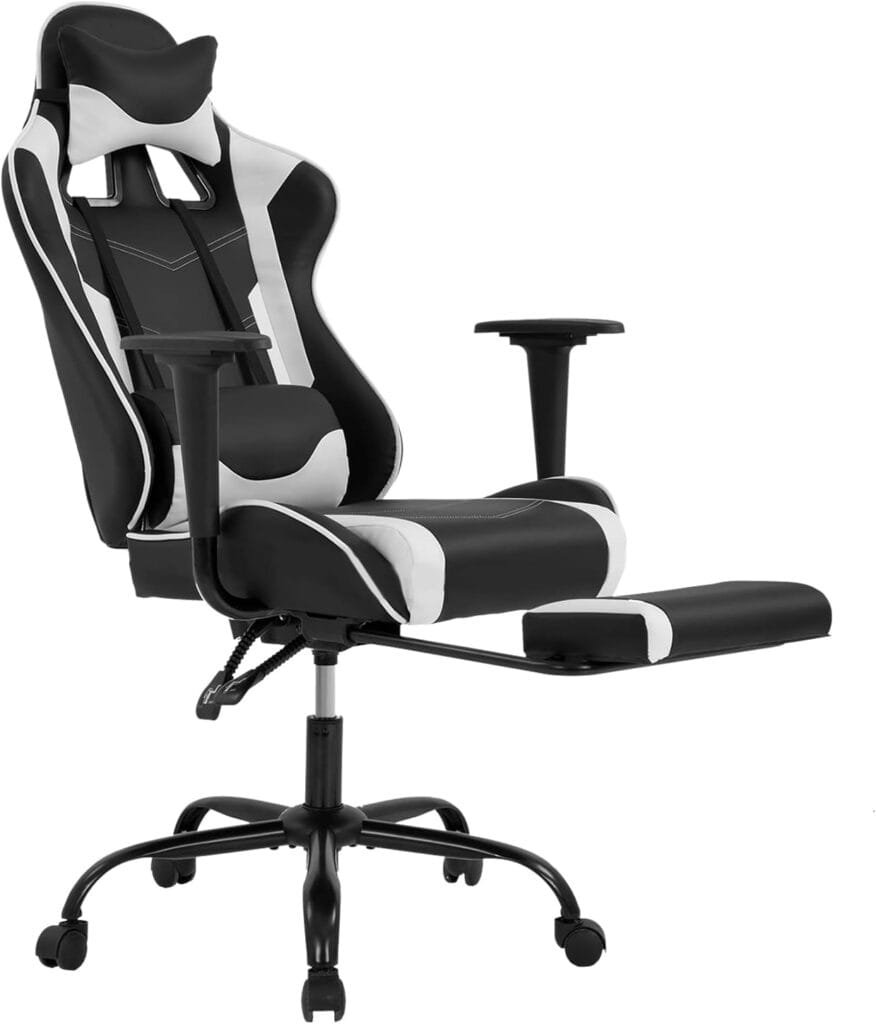 BestOffice Ergonomic Office Chair PC Gaming Chair Cheap Desk Chair Executive PU Leather Computer Chair Lumbar Support with Footrest Modern Task Rolling Swivel Chair for Women, Men(White)