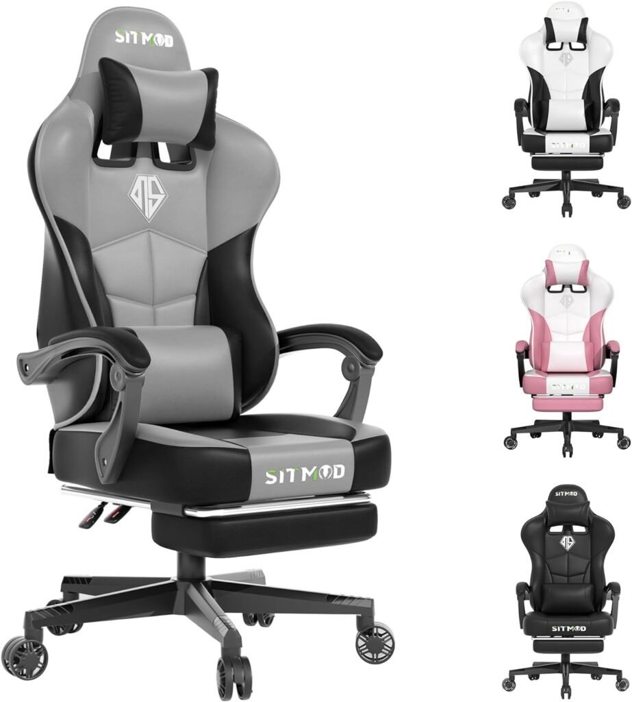 Big and Tall Gaming Chair with Headrest and Lumbar Support Video Game Chair PU Leather Office Chair Height Adjustable Swivel Task Chair with Footrest Ergonomic Gamer Chairs for Adults-BlackWhite