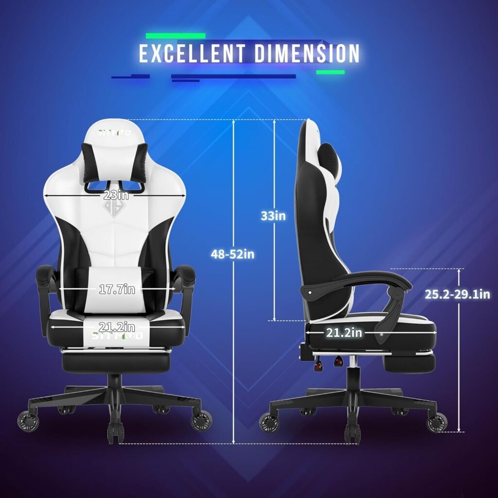 Big and Tall Gaming Chair with Headrest and Lumbar Support Video Game Chair PU Leather Office Chair Height Adjustable Swivel Task Chair with Footrest Ergonomic Gamer Chairs for Adults-BlackWhite