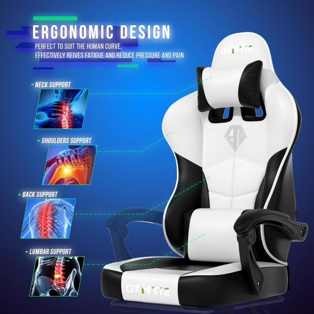 Big and Tall Gaming Chair with Headrest and Lumbar Support Video Game Chair PU Leather Office Chair Height Adjustable Swivel Task Chair with Footrest Ergonomic Gamer Chairs for Adults-BlackWhite