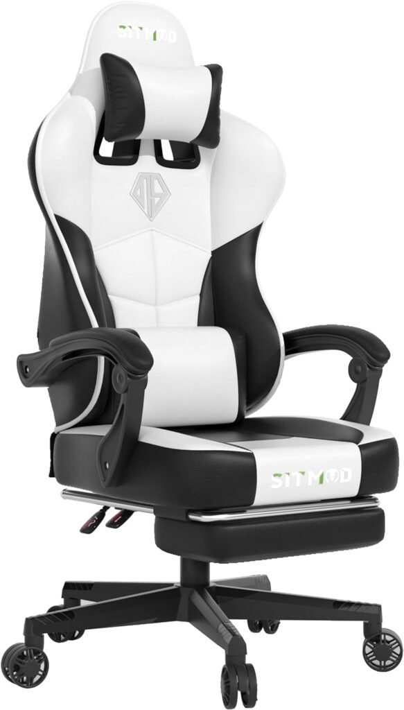 Big and Tall Gaming Chair with Headrest and Lumbar Support Video Game Chair PU Leather Office Chair Height Adjustable Swivel Task Chair with Footrest Ergonomic Gamer Chairs for Adults-BlackWhite