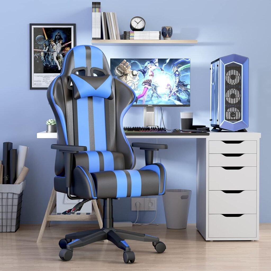 Bigzzia Gaming Chair Ergonomic Office Chair High Back Leather Adjustable Swivel Racing Computer Chair with Headrest and Lumbar Support for Adults Kids Video Game Chair (Blue)