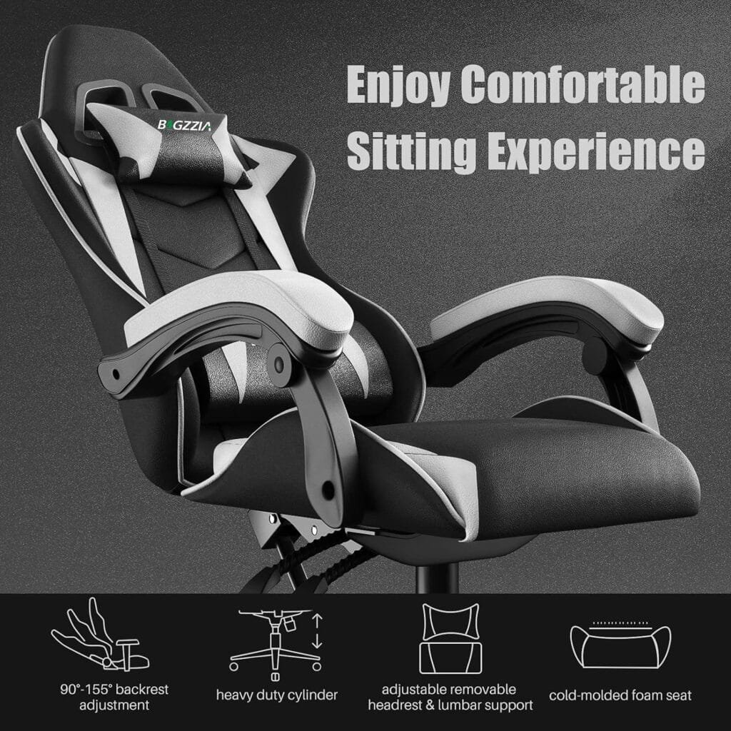Bigzzia Gaming Chair Office Chair Reclining High Back PU Leather Computer Desk Chair with Headrest and Lumbar Support Adjustable Swivel Rolling Video Game Chairs Ergonomic Racing Chair（Black/White）
