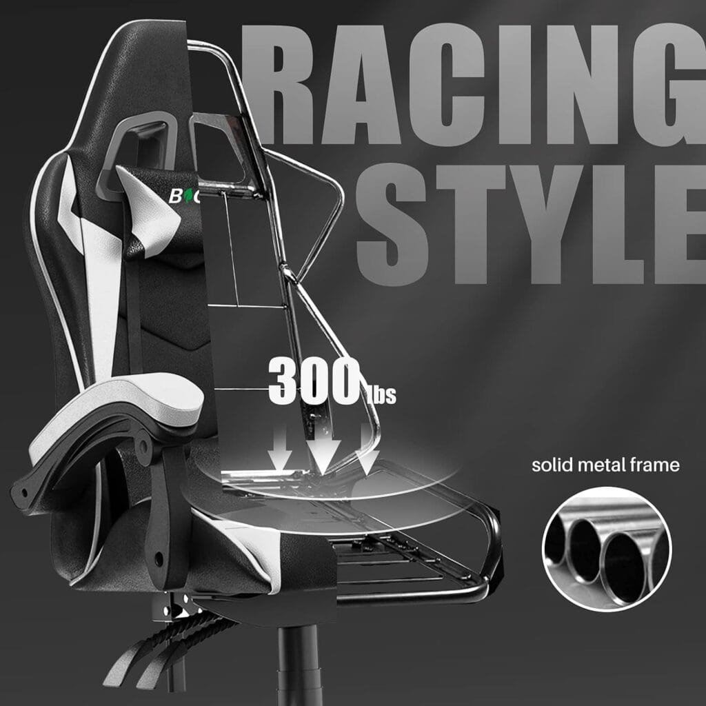 Bigzzia Gaming Chair Office Chair Reclining High Back PU Leather Computer Desk Chair with Headrest and Lumbar Support Adjustable Swivel Rolling Video Game Chairs Ergonomic Racing Chair（Black/White）