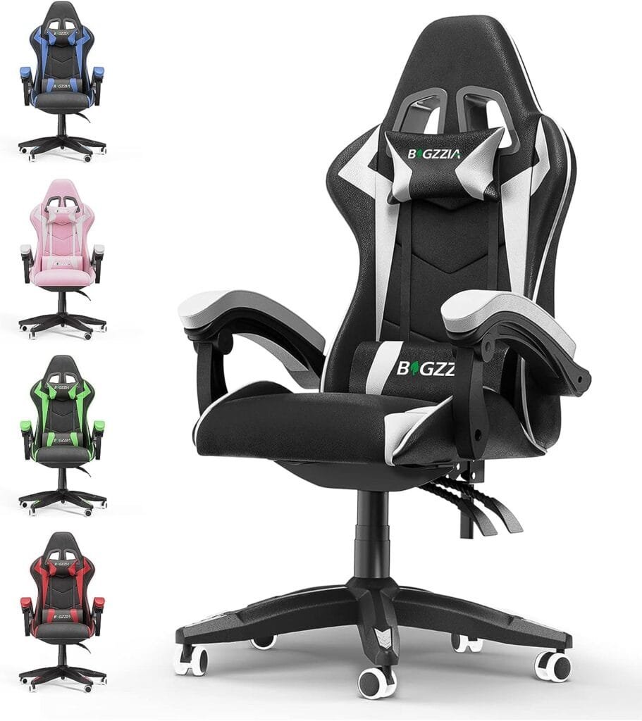 Bigzzia Gaming Chair Office Chair Reclining High Back PU Leather Computer Desk Chair with Headrest and Lumbar Support Adjustable Swivel Rolling Video Game Chairs Ergonomic Racing Chair（Black/White）