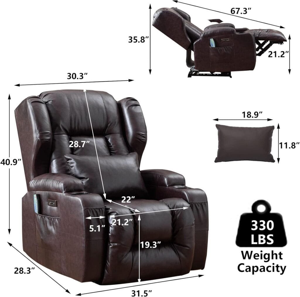 BINGTOO Electric Power Recliner Chair with Massage and Heat Chairs for Adults, Leather Home Theater Seating Lumbar Pillow, Cup Holders, USB Port, Navy Blue