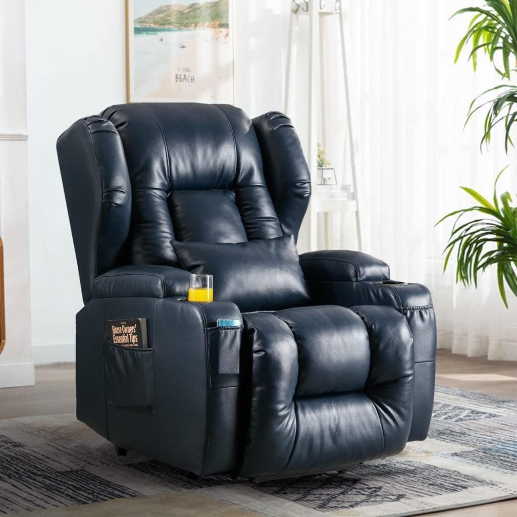 BINGTOO Electric Power Recliner Chair with Massage and Heat Chairs for Adults, Leather Home Theater Seating Lumbar Pillow, Cup Holders, USB Port, Navy Blue