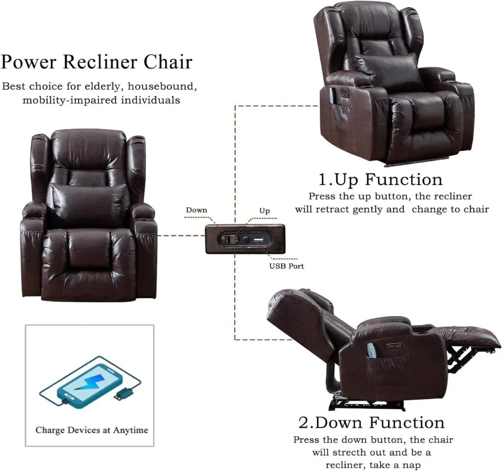BINGTOO Electric Power Recliner Chair with Massage and Heat Chairs for Adults, Leather Home Theater Seating Lumbar Pillow, Cup Holders, USB Port, Navy Blue