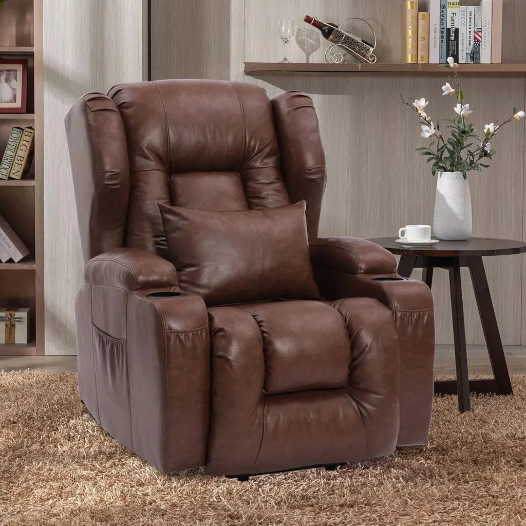 BINGTOO Electric Power Recliner Chair with Massage and Heat Chairs for Adults, Leather Home Theater Seating Lumbar Pillow, Cup Holders, USB Port, Navy Blue