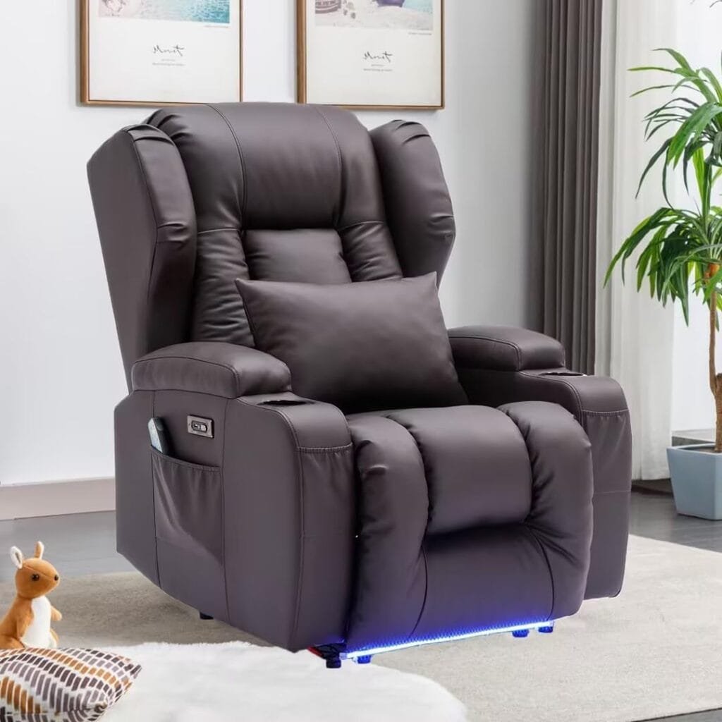 BINGTOO Electric Power Recliner Chair with Massage and Heat Chairs for Adults, Leather Home Theater Seating Lumbar Pillow, Cup Holders, USB Port, Navy Blue