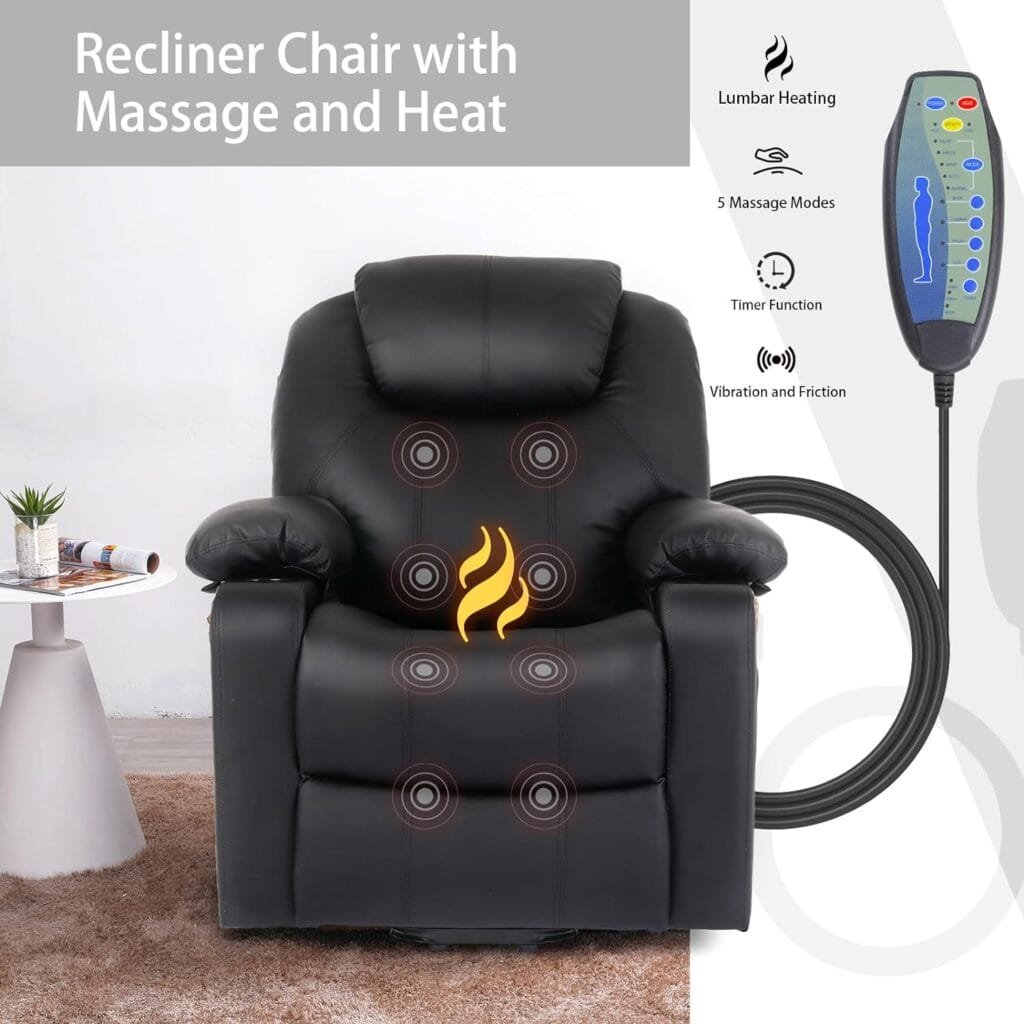 BOCWEN Power Lift Chairs Recliners for Elderly, Leather Recliner Chair for Adults with Cup Holder, Oversized Chair for Living Room, Comfy Lazy Boy Recliner Chair with Heat  Massage (Black)