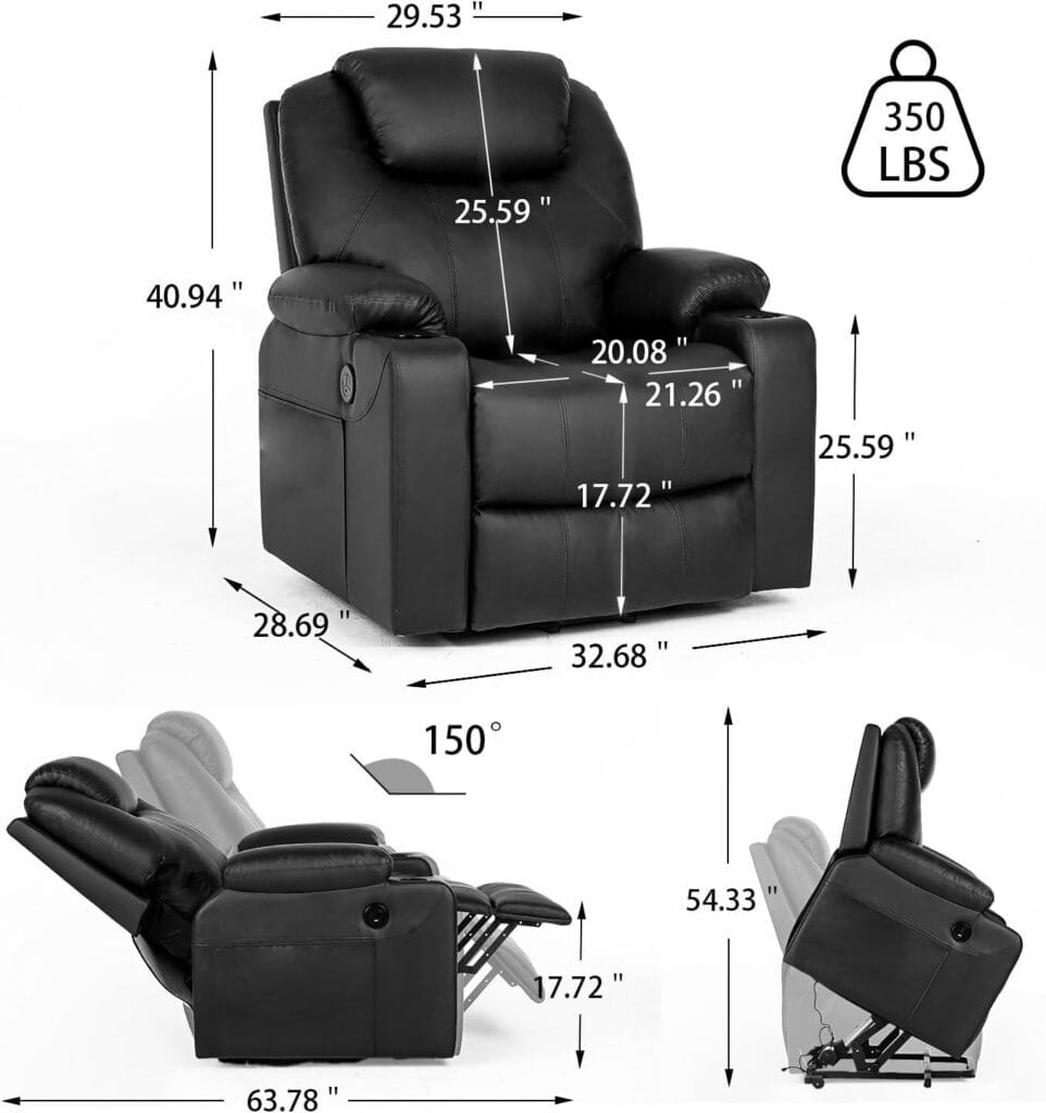 BOCWEN Power Lift Chairs Recliners for Elderly, Leather Recliner Chair for Adults with Cup Holder, Oversized Chair for Living Room, Comfy Lazy Boy Recliner Chair with Heat  Massage (Black)