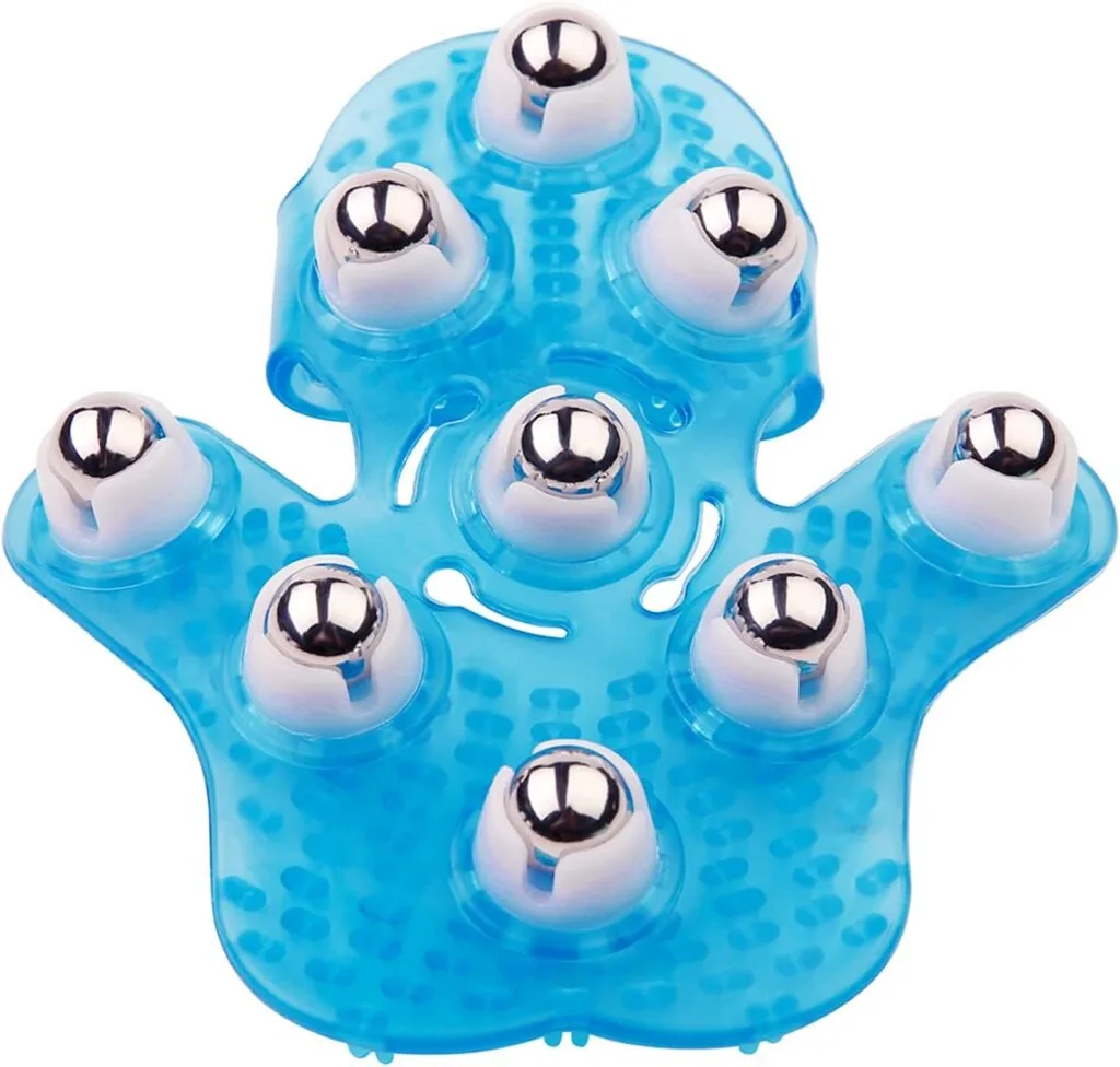 Boseen Hand Held Massager for Muscle Back Neck Joint Foot Shoulder Leg Pain Relief - Palm Shaped Massage Glove Full Body Massage Tool with Roller Ball Massager Essential Oils with Portable Design Blue