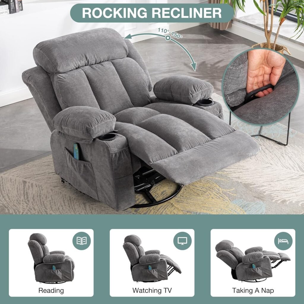 BOSMILLER Modern Recliner Chair, Vibration Massage and Heat Ergonomic 360 Degree Swivel Home Theater Single Sofa, Rocking Chair for Living Room with 2 Cup Holders, 4 Side Pocket and USB