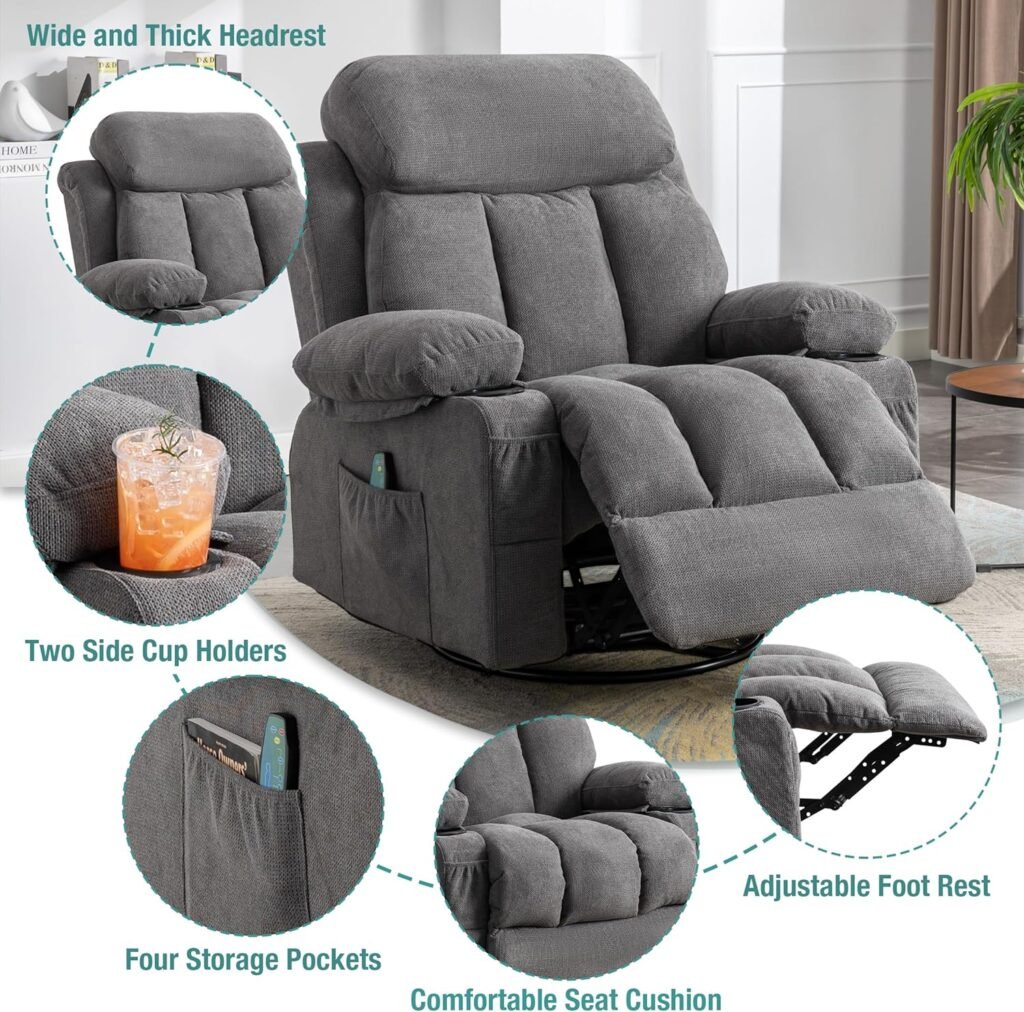 BOSMILLER Modern Recliner Chair, Vibration Massage and Heat Ergonomic 360 Degree Swivel Home Theater Single Sofa, Rocking Chair for Living Room with 2 Cup Holders, 4 Side Pocket and USB