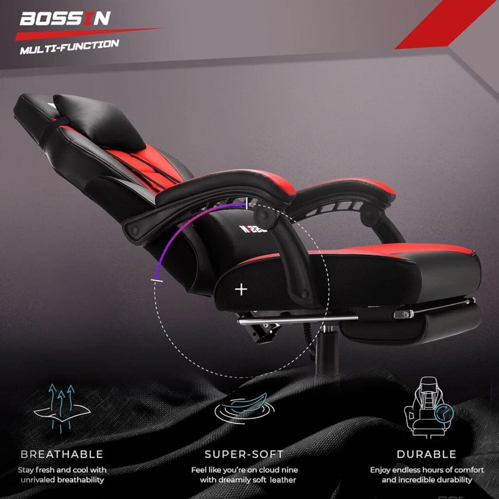 BOSSIN Gaming Chair with Massage, Ergonomic Heavy Duty Design with Footrest and Lumbar Support, Large Size Cushion High Back Office Chair, Big and Tall Gaming Computer Chair for Kids