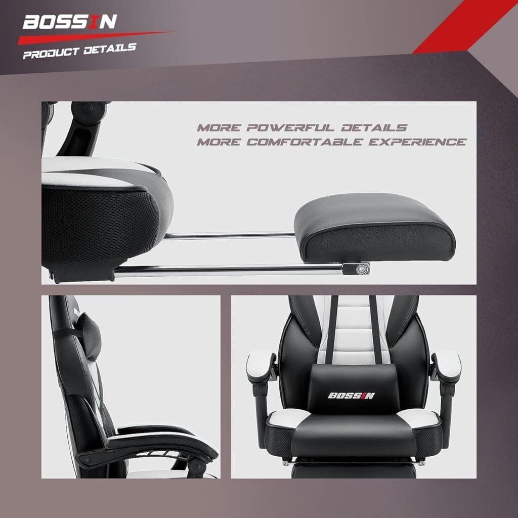 BOSSIN Gaming Chair with Massage, Ergonomic Heavy Duty Design with Footrest and Lumbar Support, Large Size Cushion High Back Office Chair, Big and Tall Gaming Computer Chair for Kids