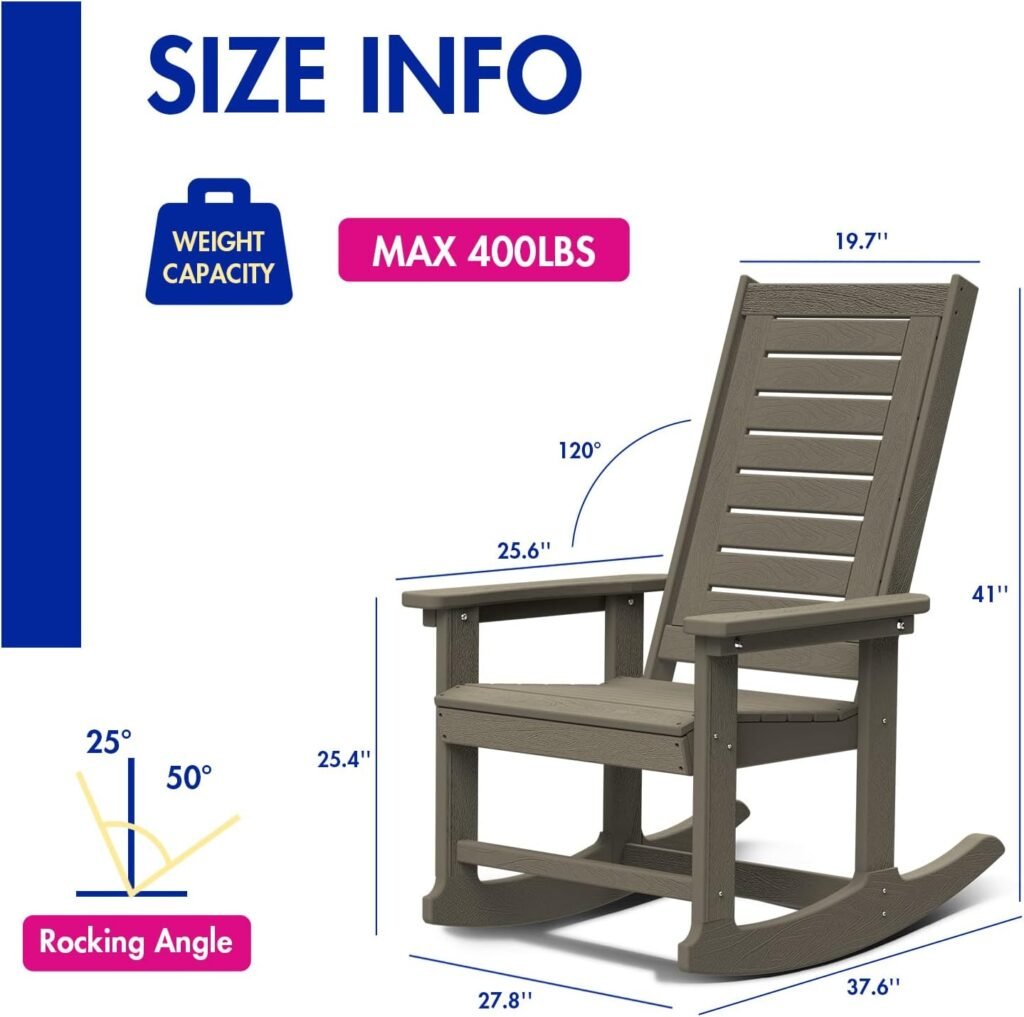 BRIOPAWS Patio Rocking Chair, All-Weather Oversized Outdoor Rocker, HDPE Plastic Rocking Chairs with High Back for Front Porch Outside Indoor Living Room Backyard Balcony, Grey