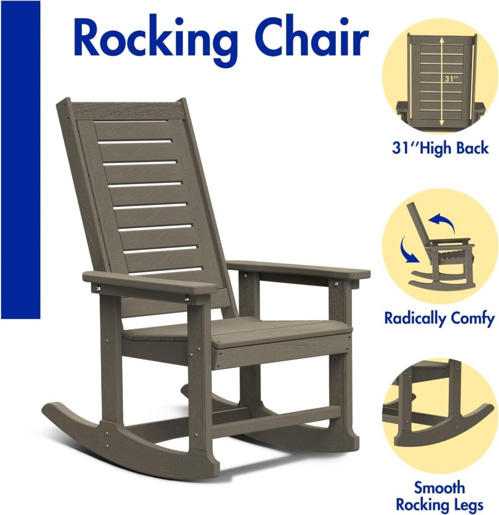 BRIOPAWS Patio Rocking Chair, All-Weather Oversized Outdoor Rocker, HDPE Plastic Rocking Chairs with High Back for Front Porch Outside Indoor Living Room Backyard Balcony, Grey