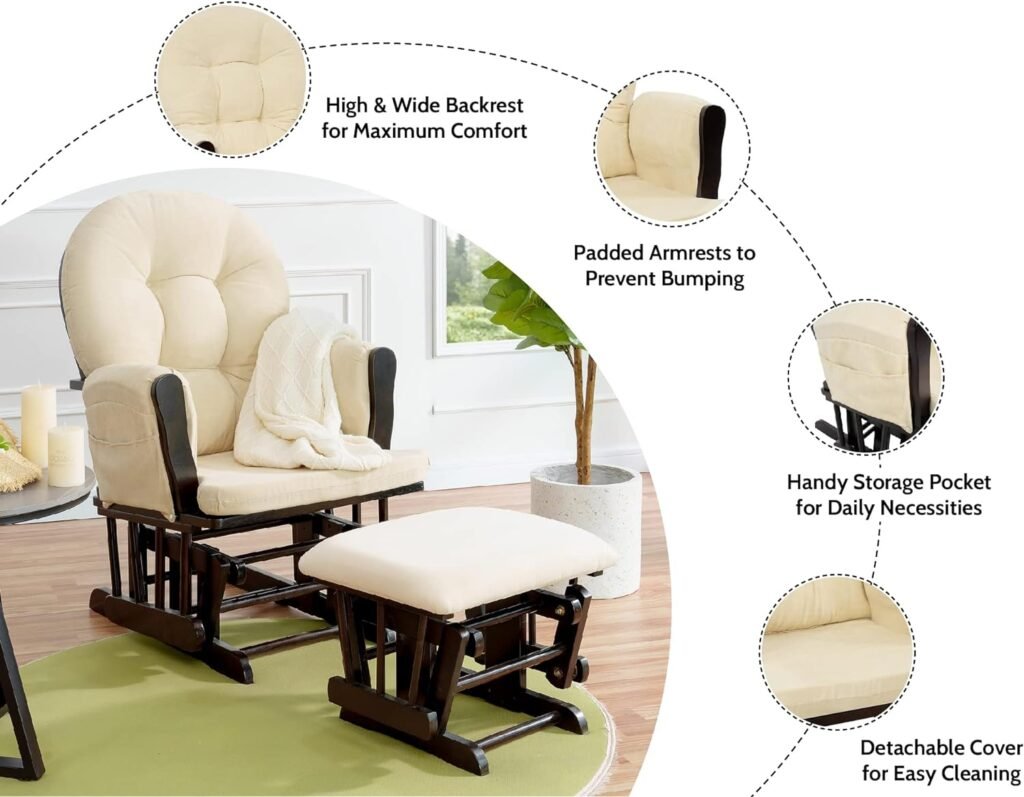 Brisbane Nursery Glider  Ottoman Sets, Glider Recliner Nursery Rocking Chair, Nursery Glider Rocker with Ottoman, Reclining Gliders  Chairs for Breastfeeding, Maternity, Napping, Espresso/Cream