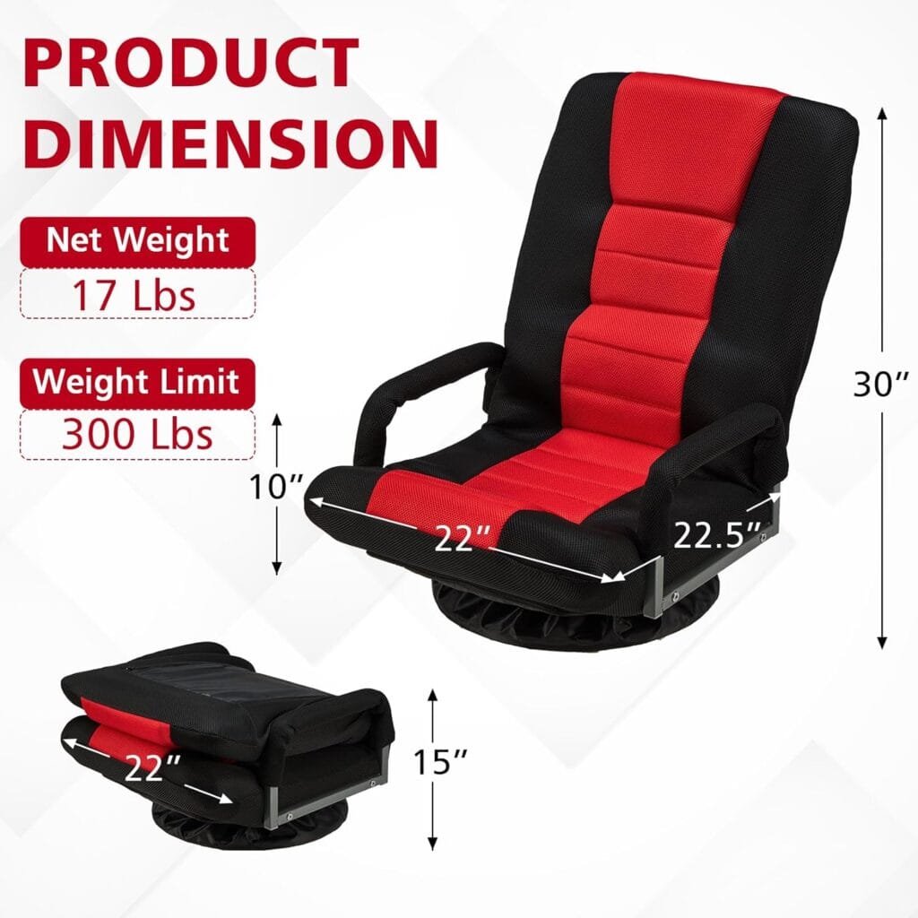 Buymoth Swivel Gaming Chair 360 Degree Multipurpose Floor Chair Rocker for TV, Reading, Playing Video Games w/Lumbar Support, Armrest Handles, Adjustable Foldable Backrest,Red