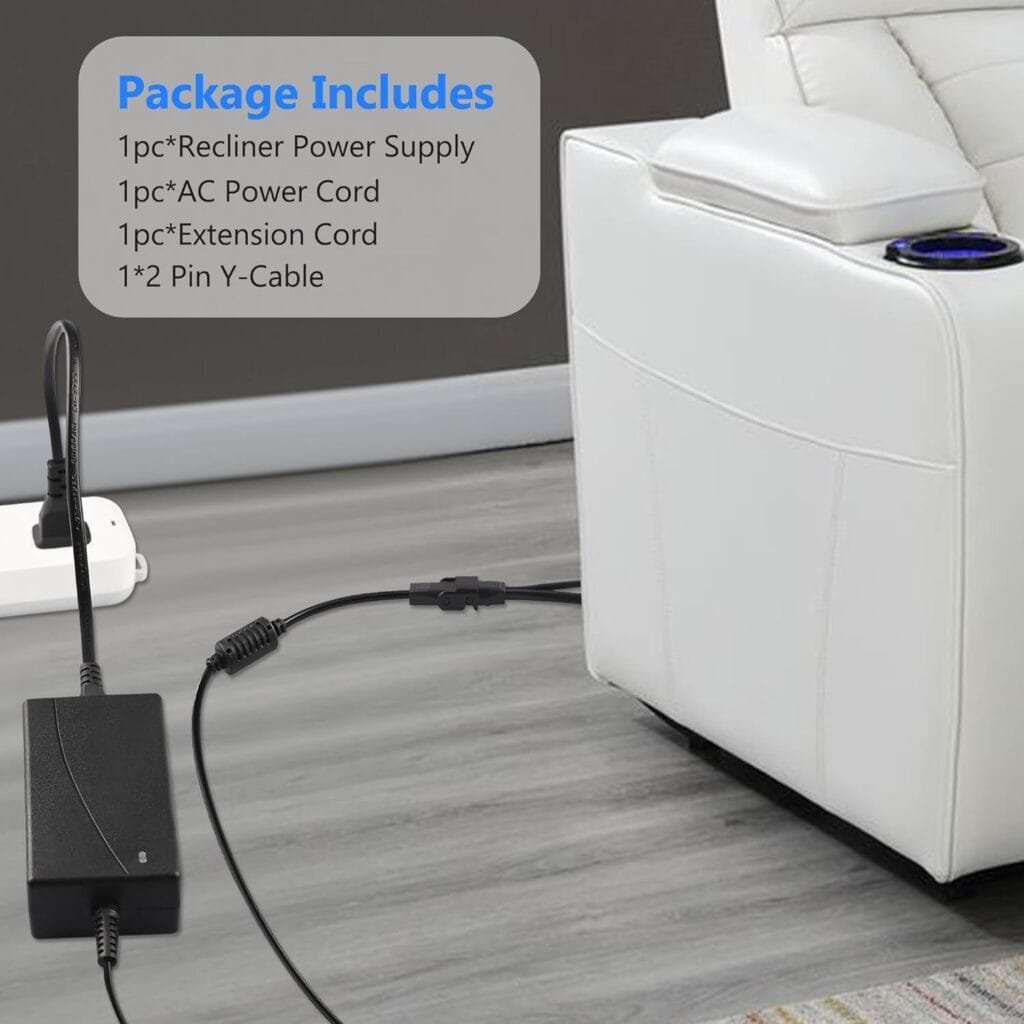 BXIZXD 18.7FT Recliner Power Supply, 29V 2A AC/DC Switching Power Adapter with 2-Pin Electric Power Cord, Extension Cable and Y Splitter Cord, Suitable for OKIN, Lazyboy, Pride Lift Chair