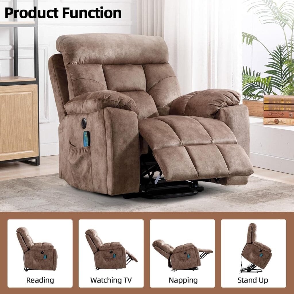 CANMOV Large Power Lift Recliner Chair with Massage and Heat for Elderly Big and Tall People, Overstuffed Wide Recliners with 2 Cup Holders, Side Pocket and USB Port, Gray