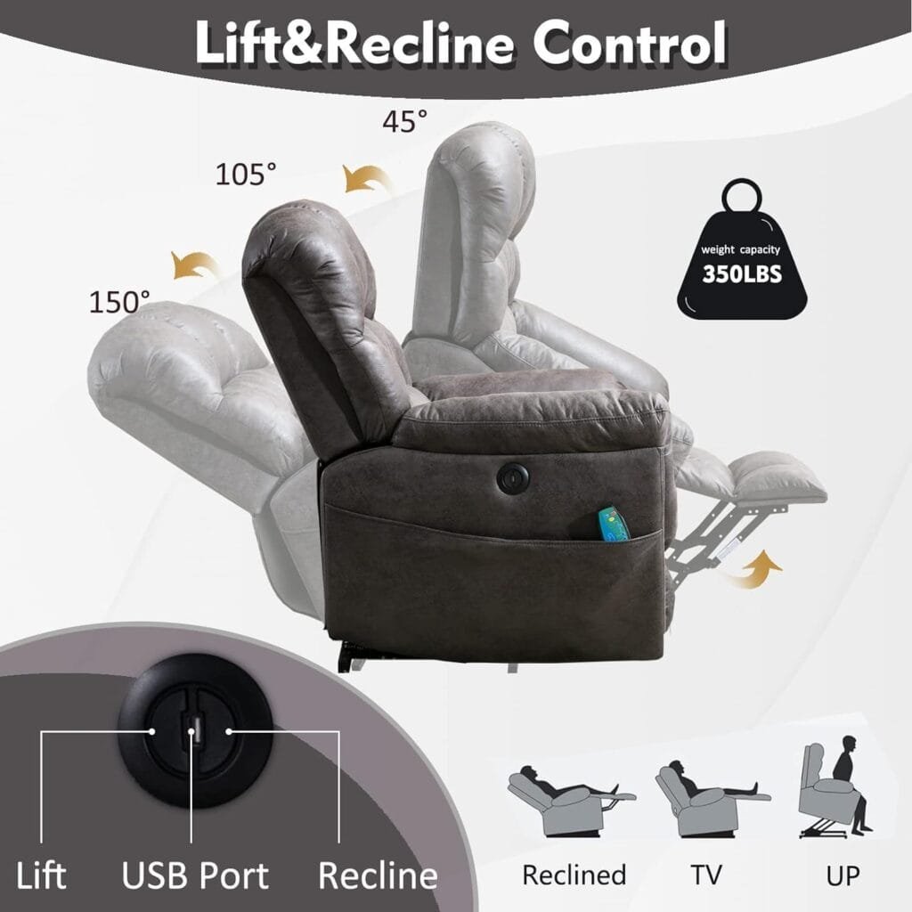 CANMOV Large Power Lift Recliner Chairs with Massage and Heat for Elderly Big People, Heavy Duty Electric Faux Leather Reclining Chairs with USB Port and 2 Side Pockets, Brown