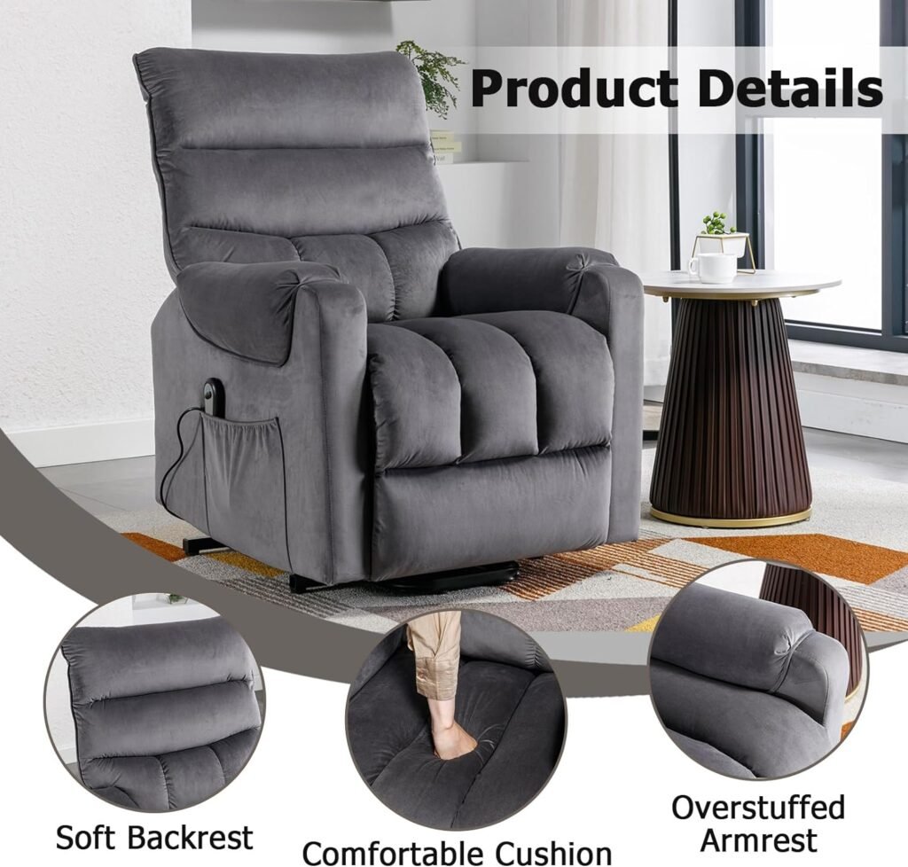 CANMOV Power Lift Recliner Chair for Elderly Old People, Lift Chair for Seniors Reclining Chair with Side Pocket, Sofa Chair for Living Room with Overstuffed Armrest (Gray)