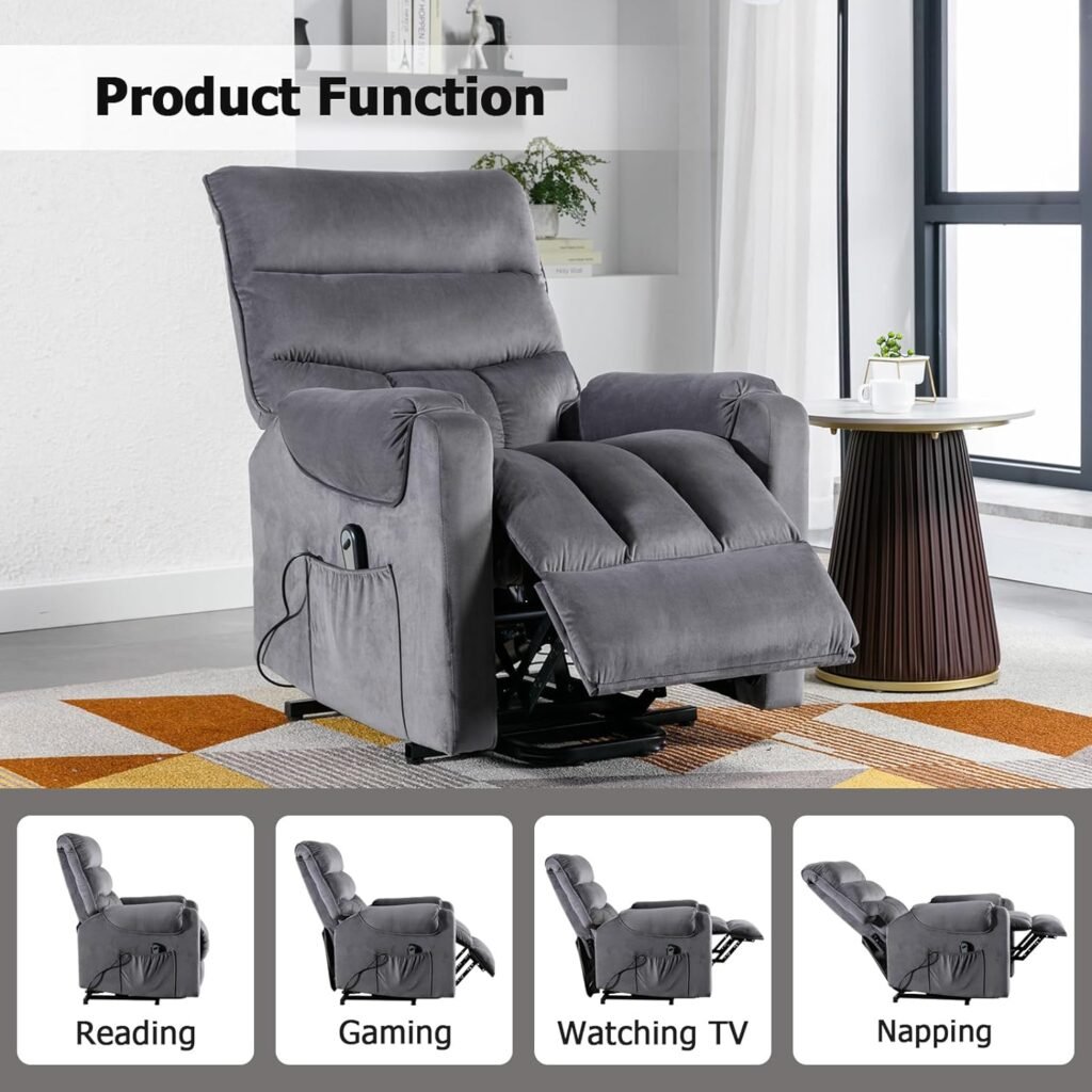 CANMOV Power Lift Recliner Chair for Elderly Old People, Lift Chair for Seniors Reclining Chair with Side Pocket, Sofa Chair for Living Room with Overstuffed Armrest (Gray)