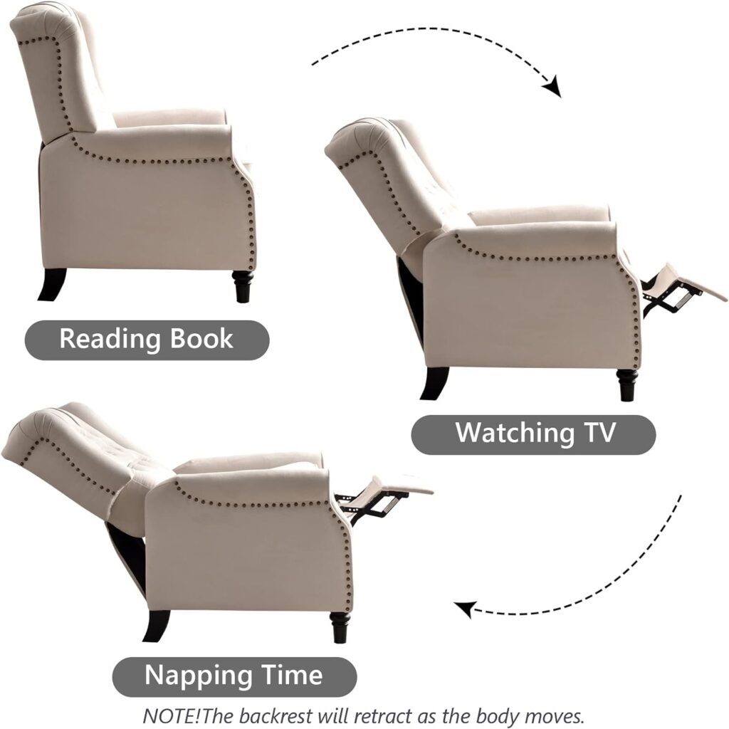 CANMOV Push Back Recliner Chair, Elizabeth Fabric Recliner with Tufted Back Home Theater Seating w/Padded Seat and Nailhead Trim, Wooden Legs, White