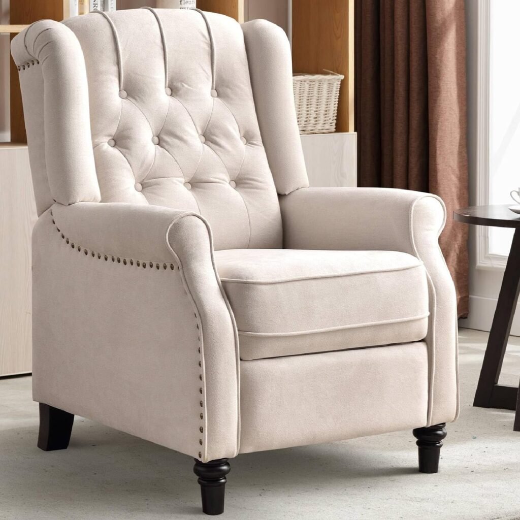 CANMOV Push Back Recliner Chair, Elizabeth Fabric Recliner with Tufted Back Home Theater Seating w/Padded Seat and Nailhead Trim, Wooden Legs, White