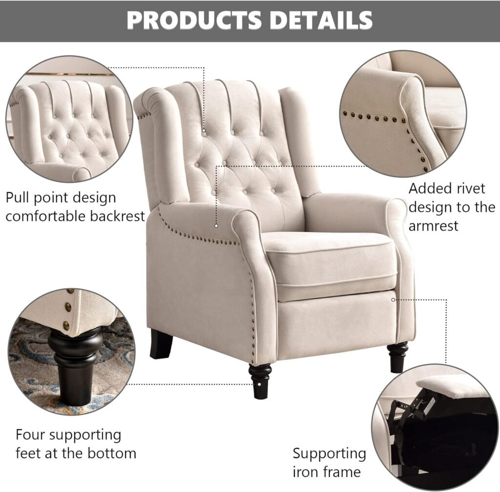 CANMOV Push Back Recliner Chair, Elizabeth Fabric Recliner with Tufted Back Home Theater Seating w/Padded Seat and Nailhead Trim, Wooden Legs, White