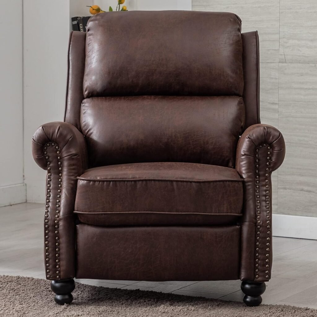 CANMOV Pushback Recliner Chair Leather Armchair Push Back Recliner with Rivet Decoration Single Sofa Accent Chair for Living Room, Chocolate