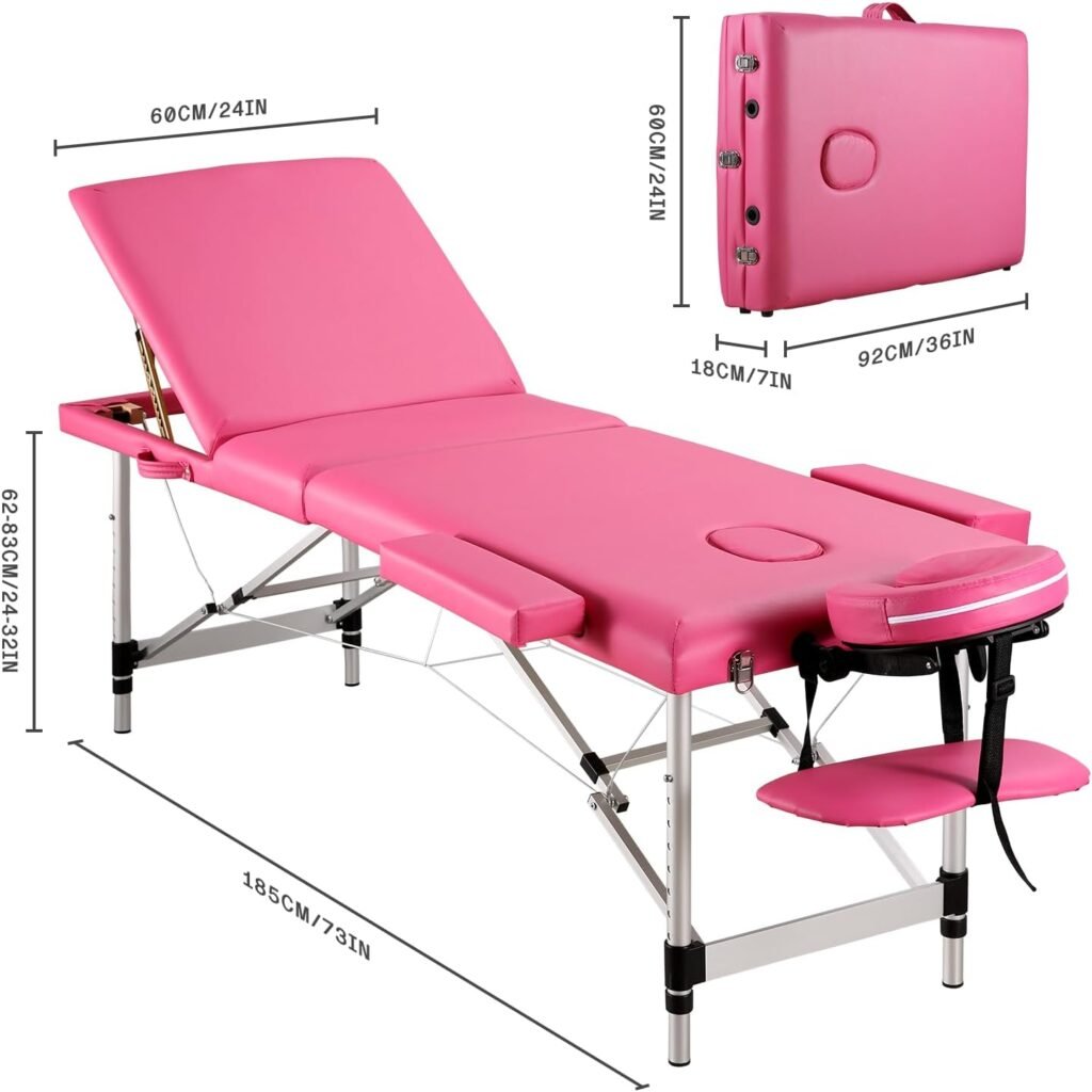 Careboda Massage Table Professional Massge Bed 3 Fold 82 Inches Height Adjustable for Spa Salon Lash Tattoo with Aluminum Legs Carrying Bag Accessories Pink : Beauty  Personal Care