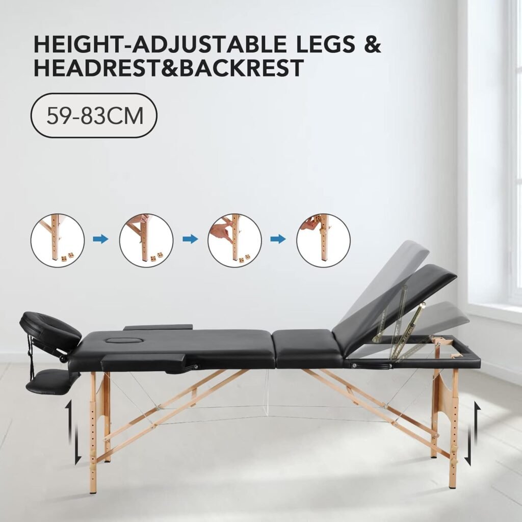 Careboda Massage Table Professional Portable Spa Lash Bed 3 Fold 82 Inches Height Adjustable with Hard Beech Legs for Tattoo Eyelash Carrying Bag and Accessories