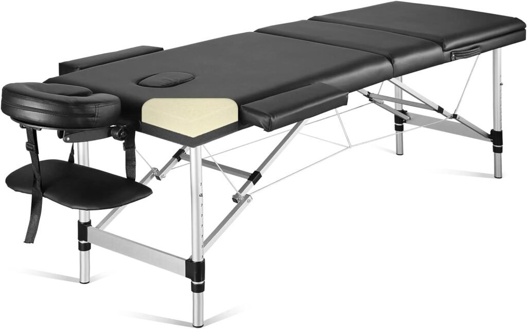 Careboda Portable Massage Table Professional Massage Bed 3 Fold 82 Inches Height Adjustable for Spa Salon Lash Tattoo with Aluminum Legs Carrying Bag Accessories Black