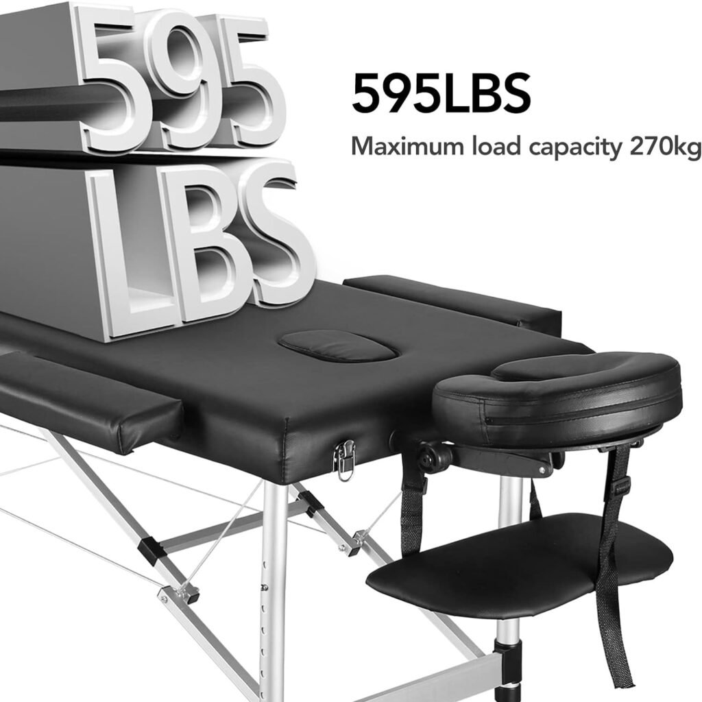 Careboda Portable Massage Table Professional Massage Bed 3 Fold 82 Inches Height Adjustable for Spa Salon Lash Tattoo with Aluminum Legs Carrying Bag Accessories Black