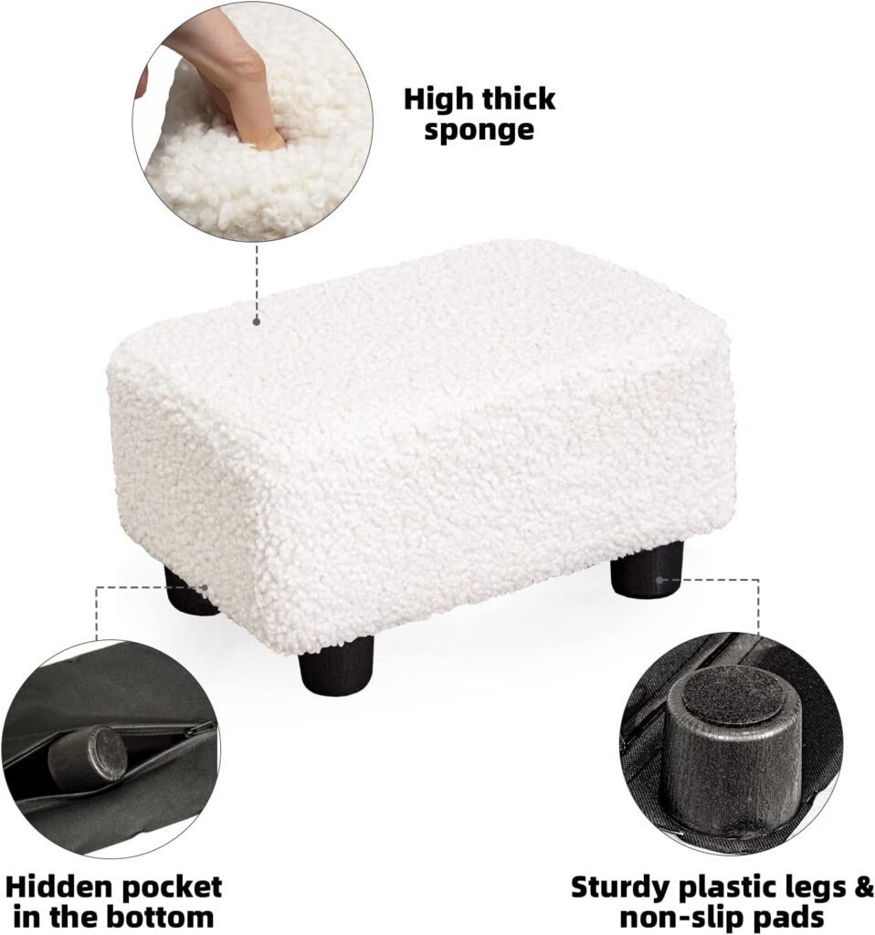 CAROLMADE Small Foot Stool Ottoman 15.4 Sherpa Footstool with Legs Under Desk Footrest for Living Room Bedroom and Office,Fluffy White