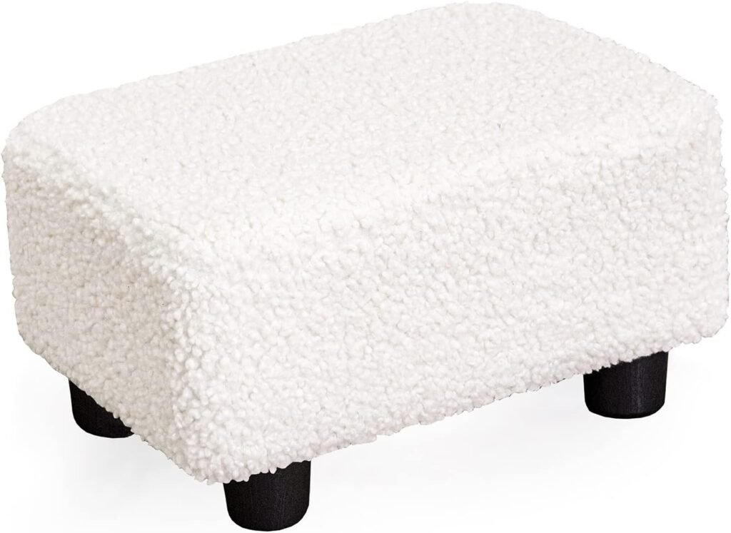 CAROLMADE Small Foot Stool Ottoman 15.4 Sherpa Footstool with Legs Under Desk Footrest for Living Room Bedroom and Office,Fluffy White